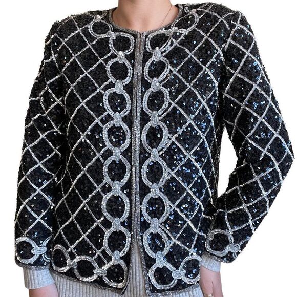 Vintage Womens 80s Silver Black Sequin Sparkly Geometric Silk Embroidered Blouse - Picture 8 of 8